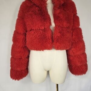 MR.YTG  Women's Red Faux Fur Crop Jacket, Size 4XL.Refer to Pictures For Details